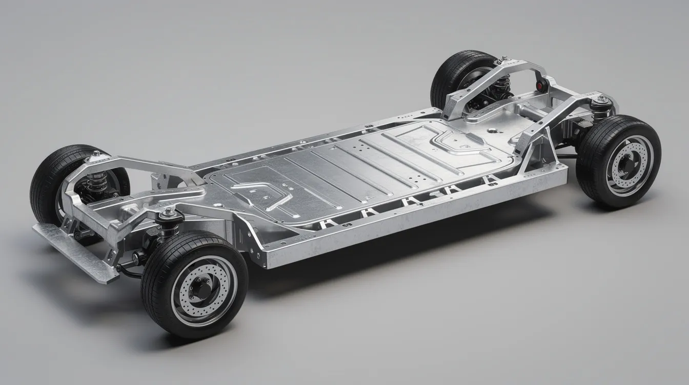 The image features an electric vehicle skateboard chassis platform, showcasing a stamped metal battery tray and structural rails. This design emphasizes the precision and efficiency of the automotive assembly process, highlighting critical components essential for modern car manufacturing.