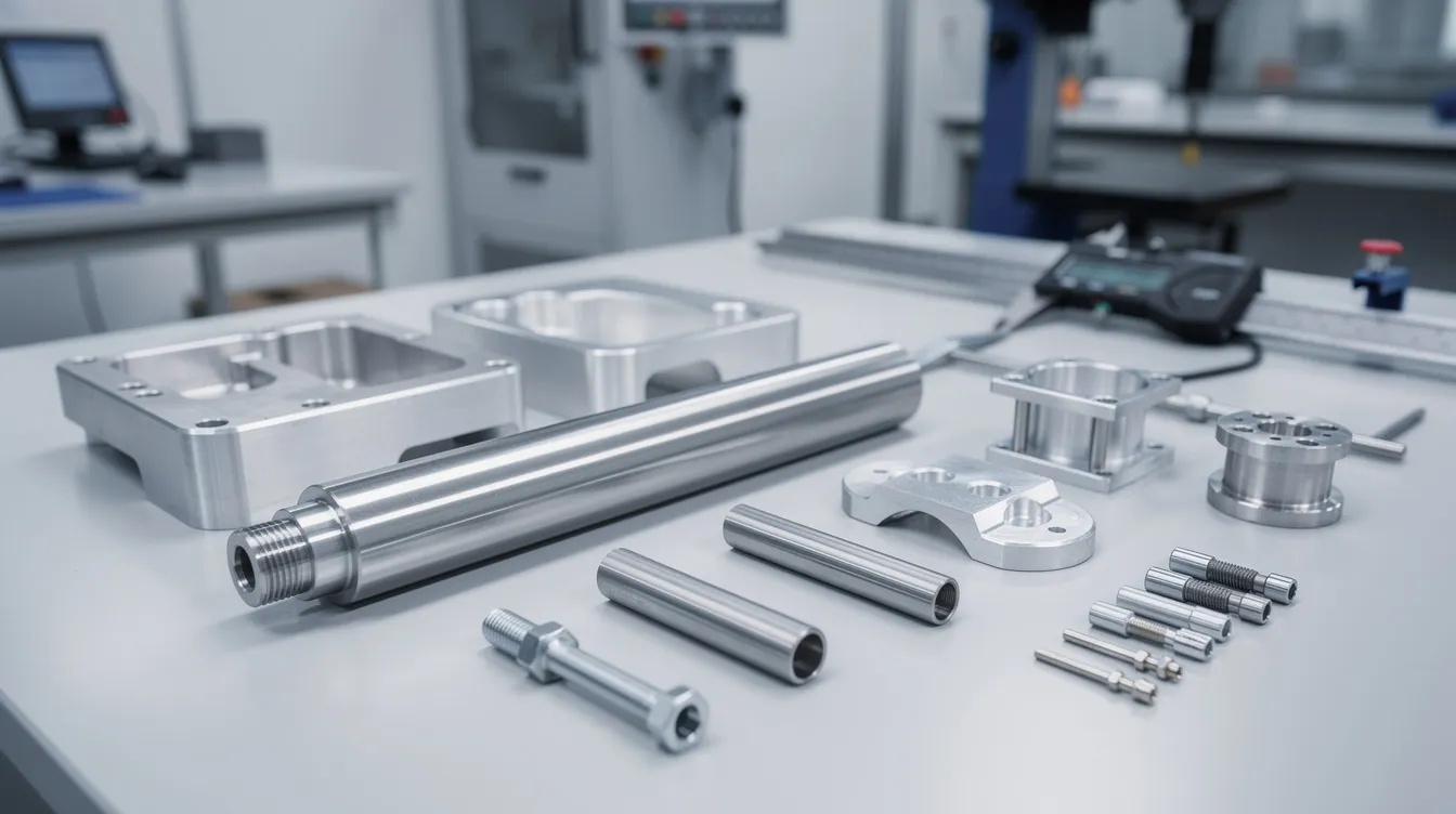 The image features an array of finished CNC machined metal parts, including aluminum housings and steel shafts, neatly laid out on an inspection table, showcasing the precision machining capabilities of a CNC machining company. These components highlight the advanced technology and manufacturing processes involved in producing custom parts for various industries.