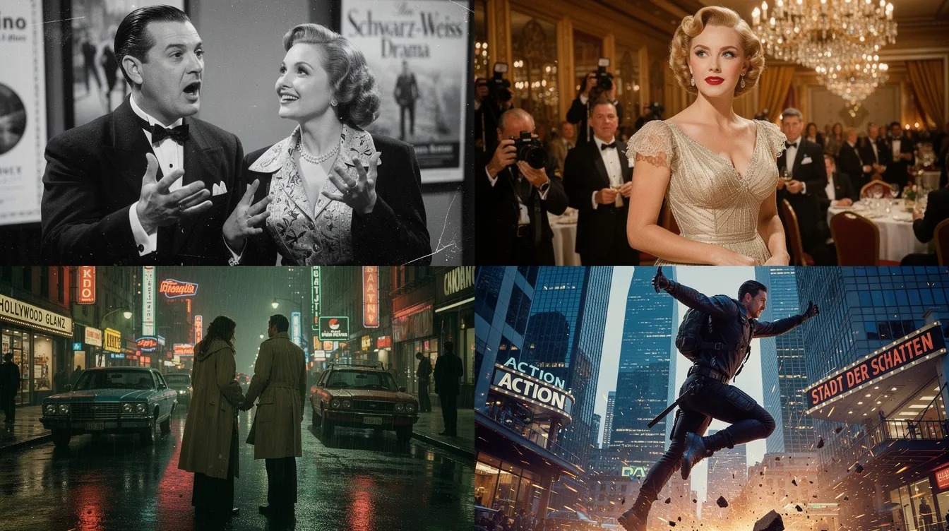 Die Collage zeigt vier Filmszenen aus verschiedenen Epochen: eine übertriebene Schwarz-Weiß-Szene mit einer Hauptfigur im Zentrum, eine glamouröse Hollywood-Szene der 1940er mit strahlenden Schauspielern, eine düstere Stadtszene der 1970er mit einer angespannten Handlung und eine moderne, farbenfrohe Actionszene, die die Dynamik des heutigen Kinos widerspiegelt. Diese unterschiedlichen Kategorien verdeutlichen die Entwicklung von Film und Drama über die Jahre hinweg.