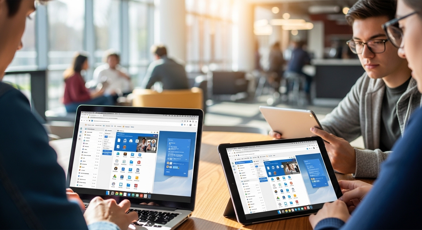 Students accessing full virtual desktops directly through a web browser on laptops and tablets with no setup required.
