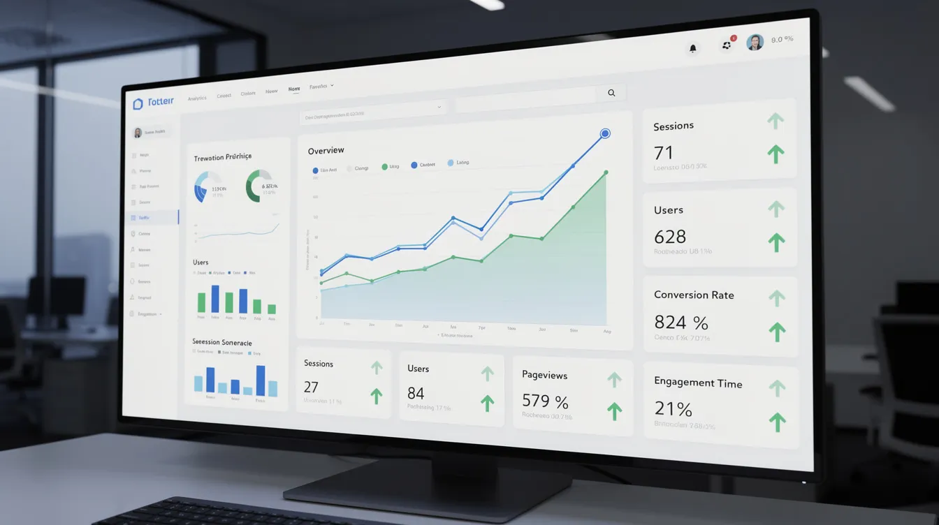 The image depicts an upward-trending analytics dashboard showcasing significant growth in website traffic and engagement metrics, indicating improved local search visibility and enhanced performance on search engines. This growth reflects effective local SEO strategies that help local businesses attract more potential customers through optimized business profiles and positive online reviews.