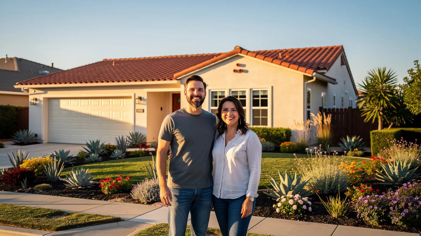 A pair of homeowners stands proudly in front of their Southern California home, which is not listed for sale, indicating an off market approach to selling their property. The absence of a "for sale" yard sign suggests they are exploring exclusive deals with qualified buyers in the real estate market.
