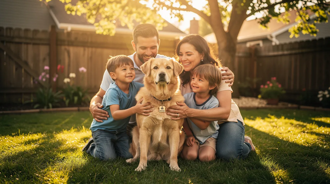 Ein ruhiger Rettungshund, der wie ein treuer Begleiter aussieht, sitzt glücklich mit einer Familie in deren sonnigem Hinterhof und verkörpert die Freude und bedingungslose Liebe, die mit der Adoption eines pelzigen Freundes einhergeht. Dieser Moment spiegelt die Bedeutung wider, ein liebevolles Zuhause zu bieten und den Tieren, die zur Adoption stehen, eine zweite Chance im Leben zu geben.