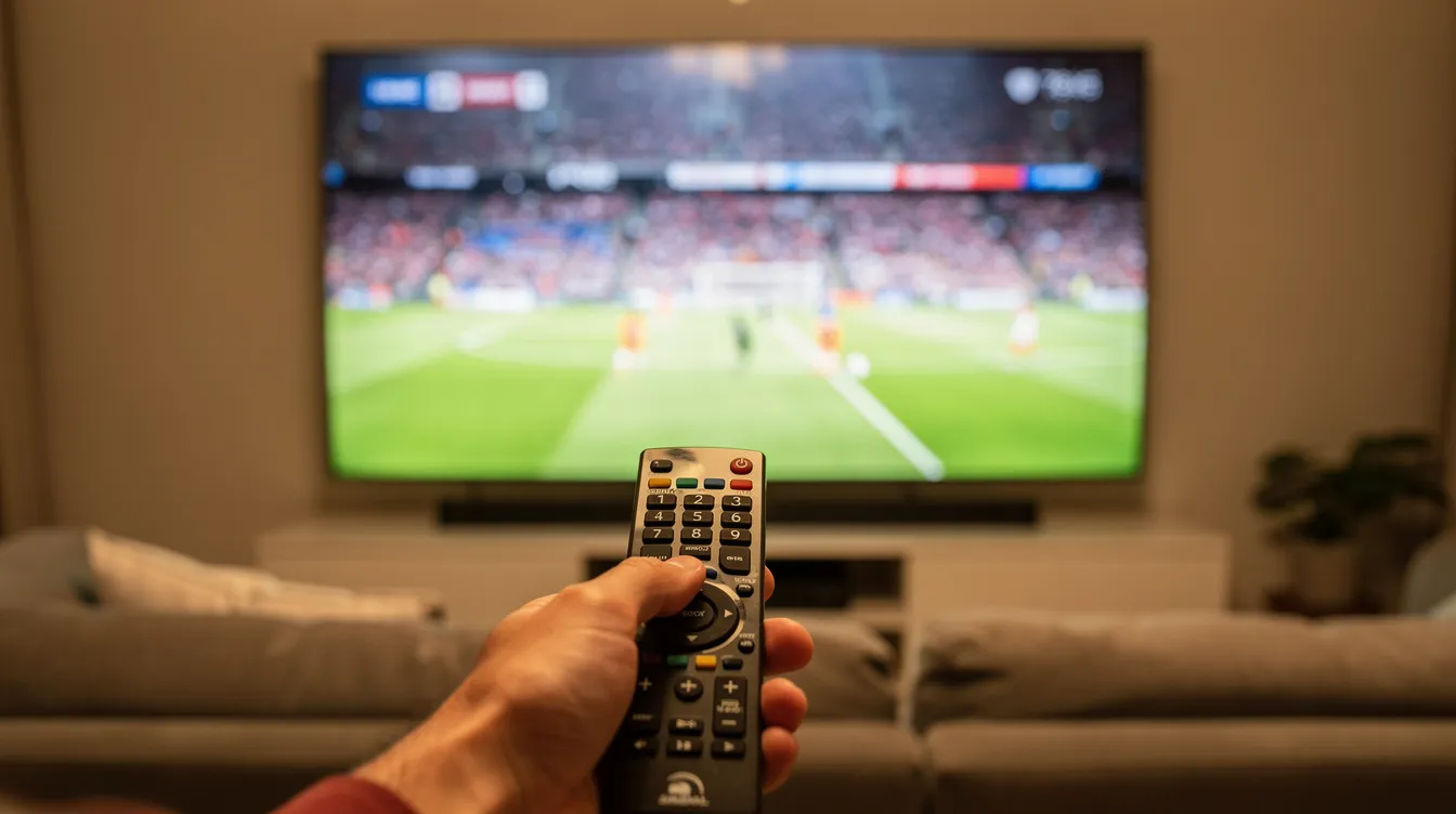 A person is holding a TV remote control while watching a large screen that displays a live sports match, showcasing the excitement of major sports events. This scene highlights the enjoyment of premium sports channels available through IPTV services, perfect for British viewers seeking instant access to their favourite sports.