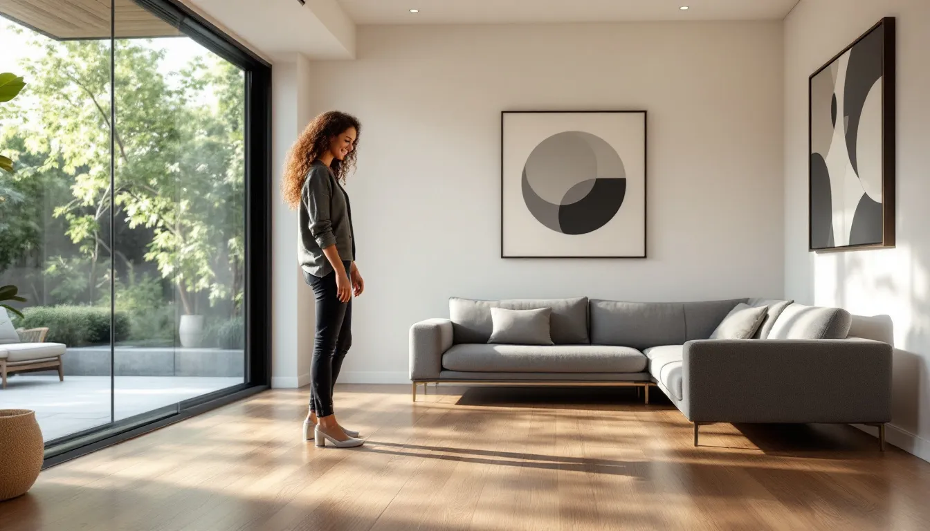 A satisfied homeowner admiring the results of their newly refinished floor.