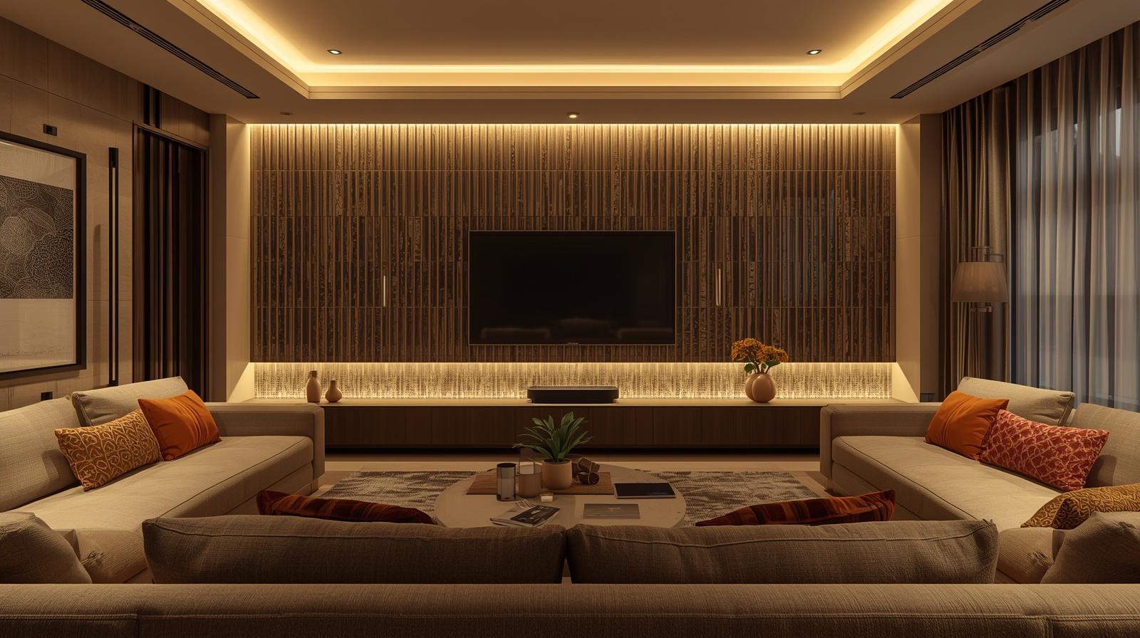 A cozy family TV room interior showcasing a spacious layout with warm lighting, highlighting a stunning horizontal tile feature wall made of long vertical tiles.