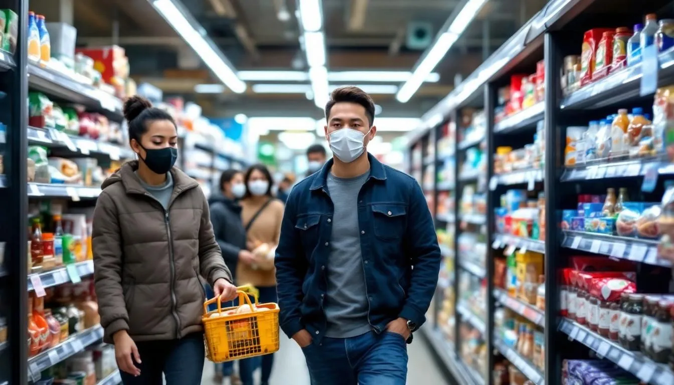 Community members are seen wearing masks and maintaining physical distance while shopping, demonstrating preventive strategies to reduce the risk of disease transmission. This scene highlights the importance of public health measures in promoting healthy behaviors and ensuring safety in communal spaces.