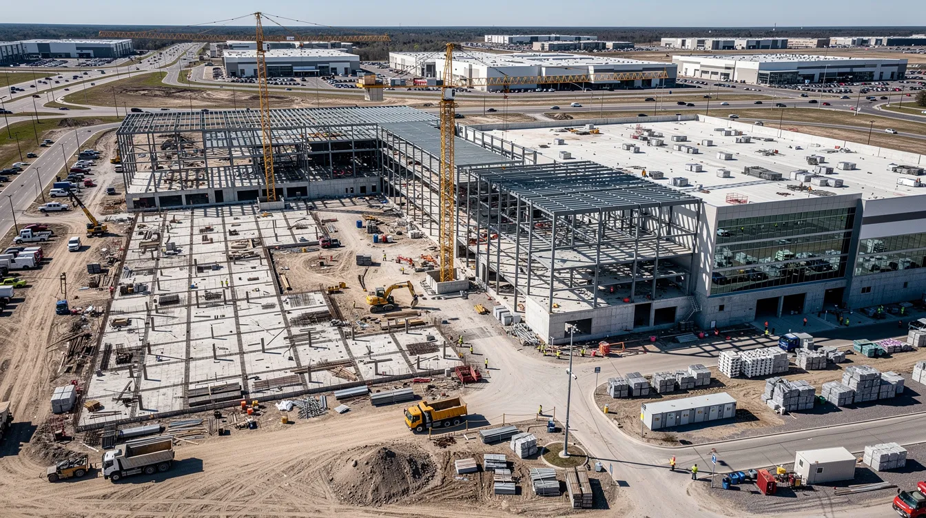 An aerial view showcases a large commercial construction project with multiple building phases actively underway, highlighting the importance of quality assurance and construction quality control throughout the project lifecycle. Various construction materials are visible, indicating a focus on maintaining quality standards and meeting client expectations.