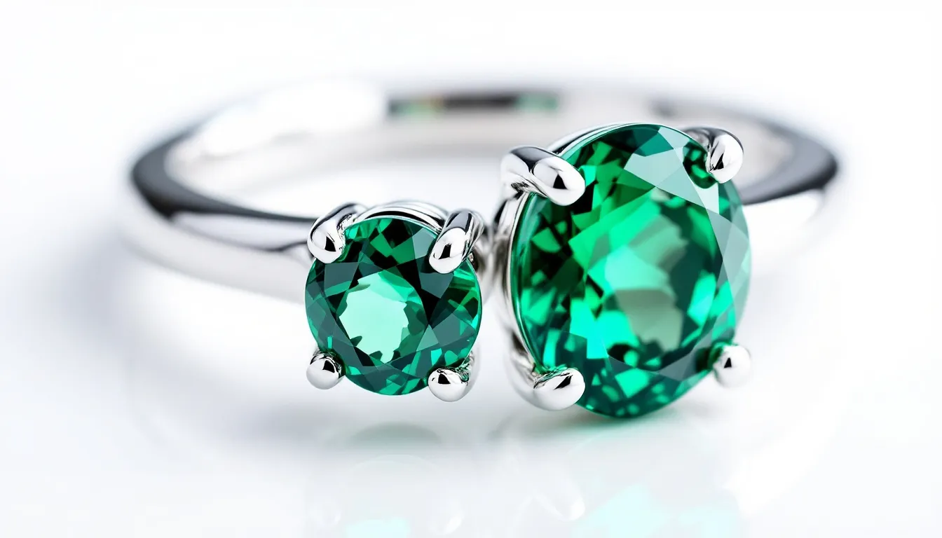 This image illustrates the care and maintenance of a stunning double emerald ring, showcasing the vibrant oval emeralds set alongside sparkling diamonds. It emphasizes the importance of proper care to preserve the ring's design and colour over time.