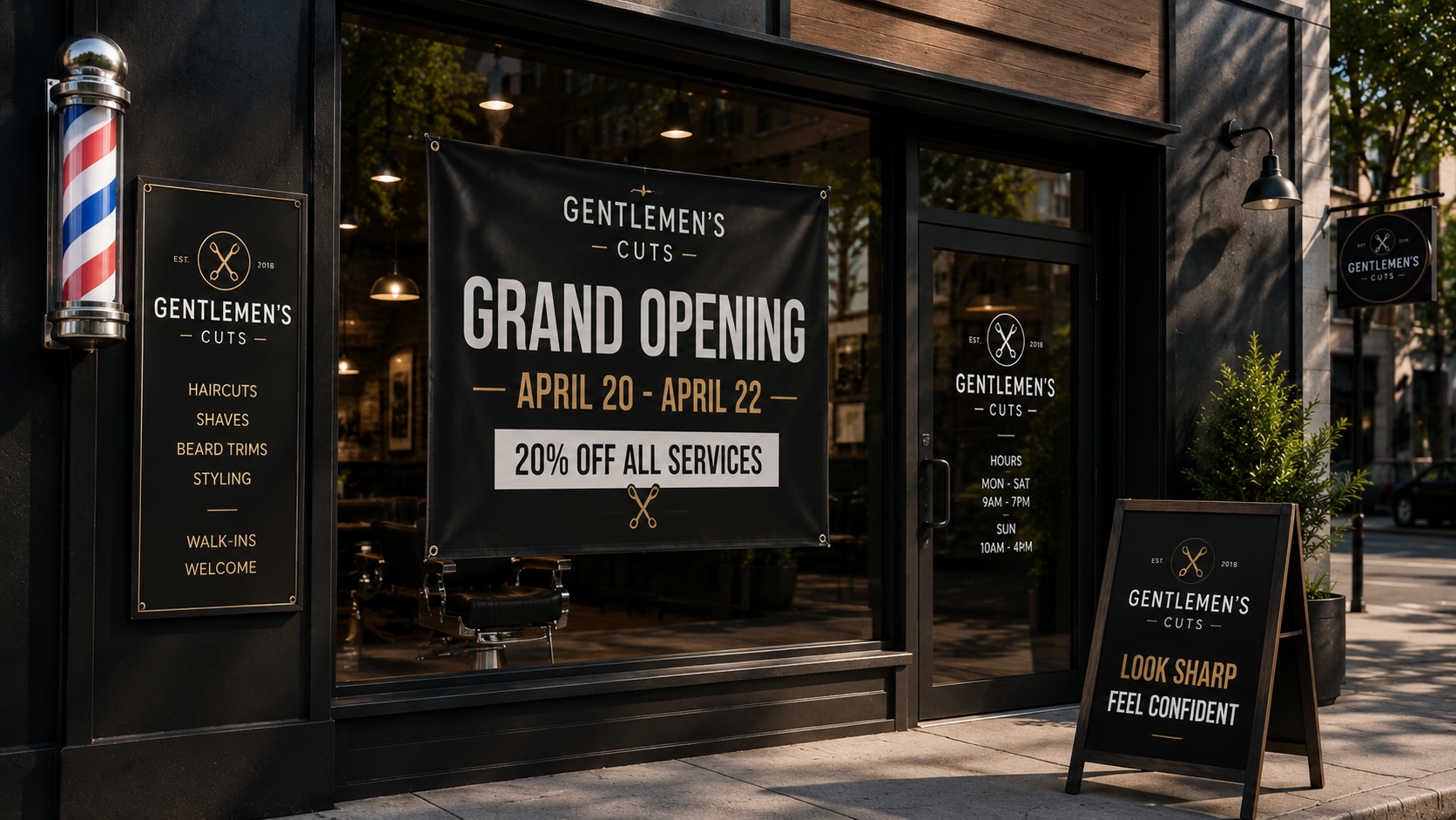 Custom storefront banner and sidewalk sign for barbershop grand opening