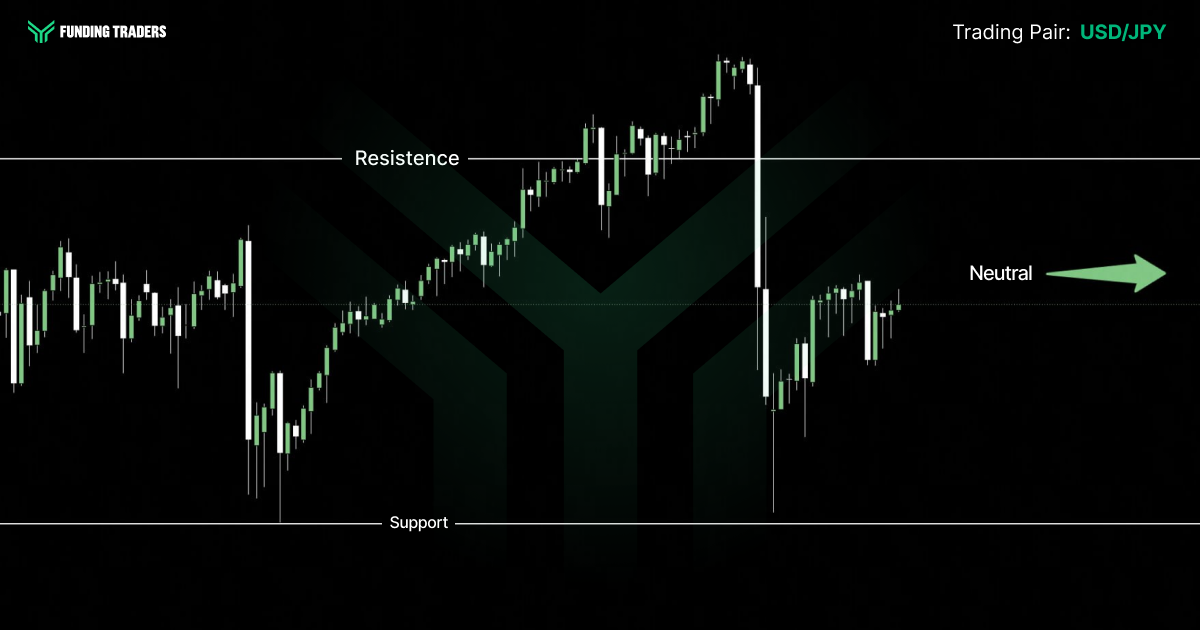 Dark Funding Traders candlestick chart for the USD/JPY trading pair, showing a climb above the resistance line to a peak, followed by a steep sell off back toward support and a sideways range near the midpoint, with a green sideways arrow labeled "Neutral" at the right. Labels read "FUNDING TRADERS," "Trading Pair: USD/JPY," "Resistence," "Support," and "Neutral."
