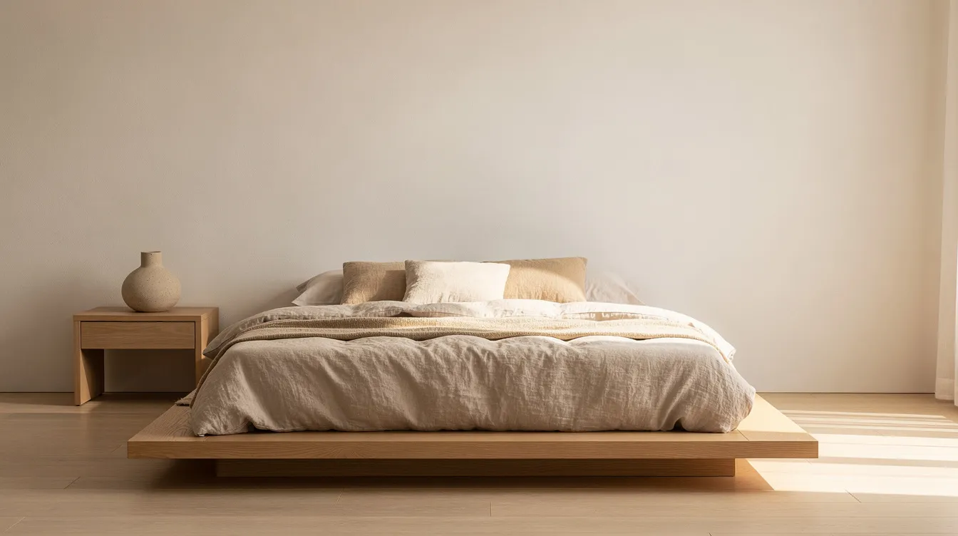 Das Bild zeigt ein minimalistisches Schlafzimmer im Japandi-Stil, ausgestattet mit einem niedrigen Plattformbett und Leinenbettwäsche in warmen Naturtönen. Ein kleiner Holz-Nachttisch ergänzt die Einrichtung, auf dem eine elegante Keramikvase steht, die dem Raum eine harmonische Atmosphäre verleiht.