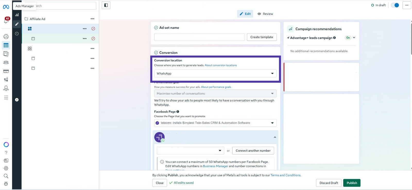 Facebook Lead Ads to WhatsApp: The Complete Playbook (2026) 1 Selecting conversion location for Facebook lead ads to WhatsApp