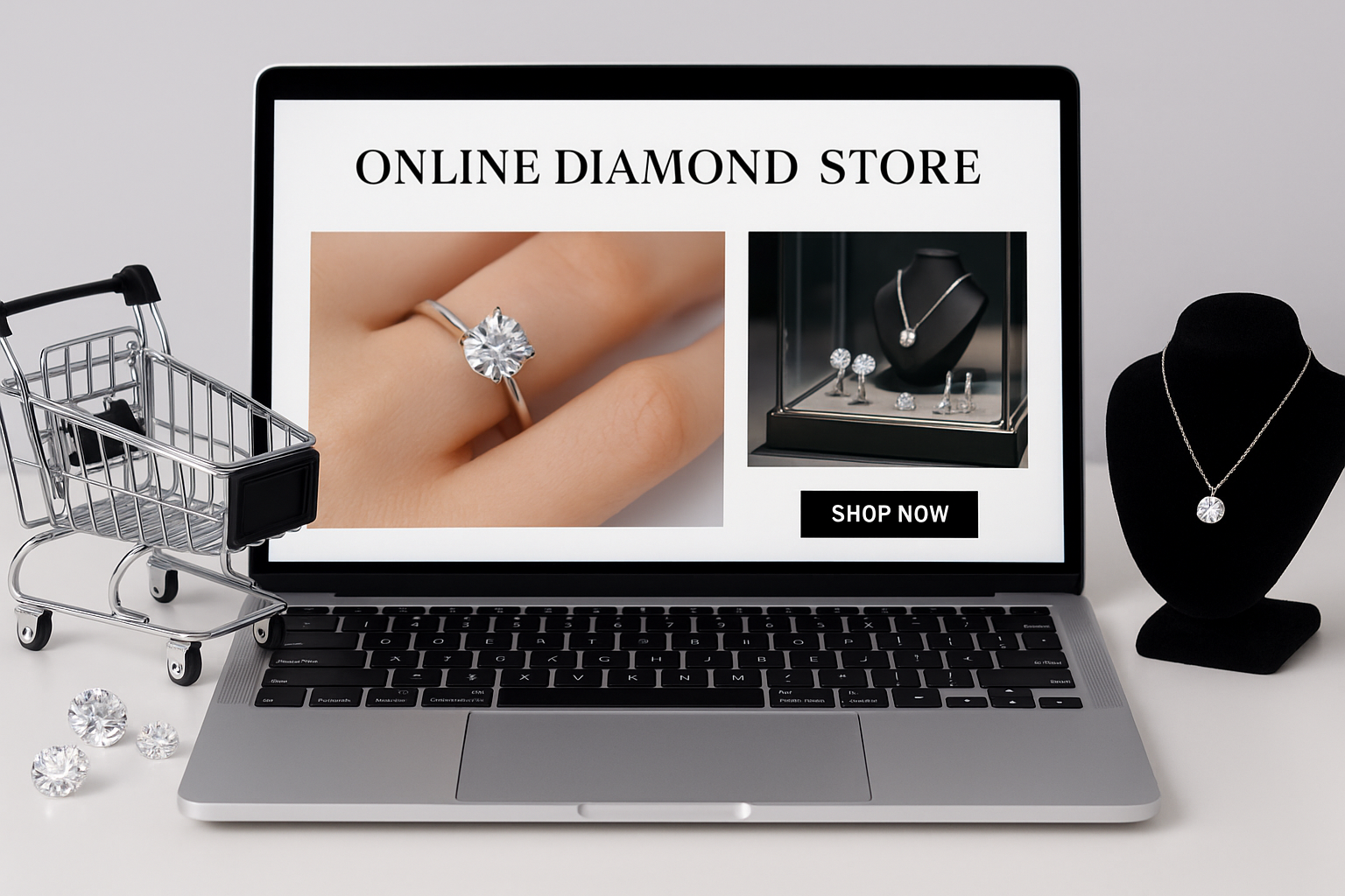 deimantų parduotuvės internetinis puslapis su žiedų, auskarų ir pakabukų nuotraukomis