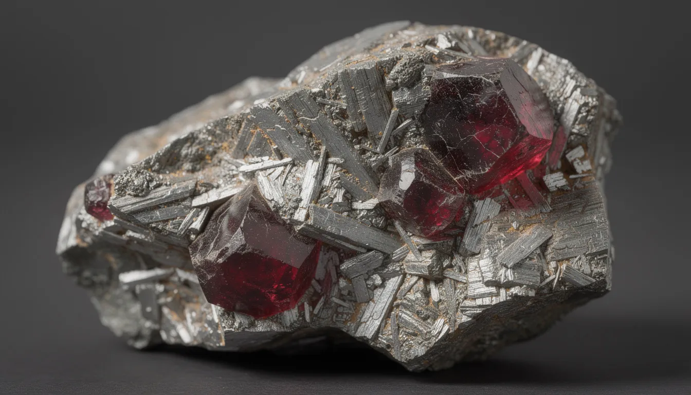 The image depicts a rock sample featuring large red garnet crystals embedded within a silver-gray mica schist matrix. The striking contrast between the deep red garnets and the metallic sheen of the schist highlights the crystal structure and mineralogical properties of these metamorphic rocks.