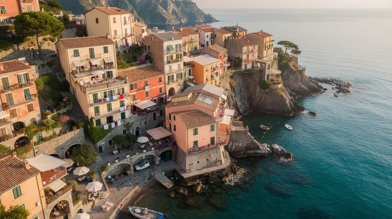 An aerial view captures a picturesque Mediterranean coastal Italian village, featuring charming terracotta rooftops that overlook the stunning turquoise waters. This idyllic scene embodies the allure of retirement in Italy, where foreign retirees can enjoy a rich culture and the benefits of Italy's public healthcare system.