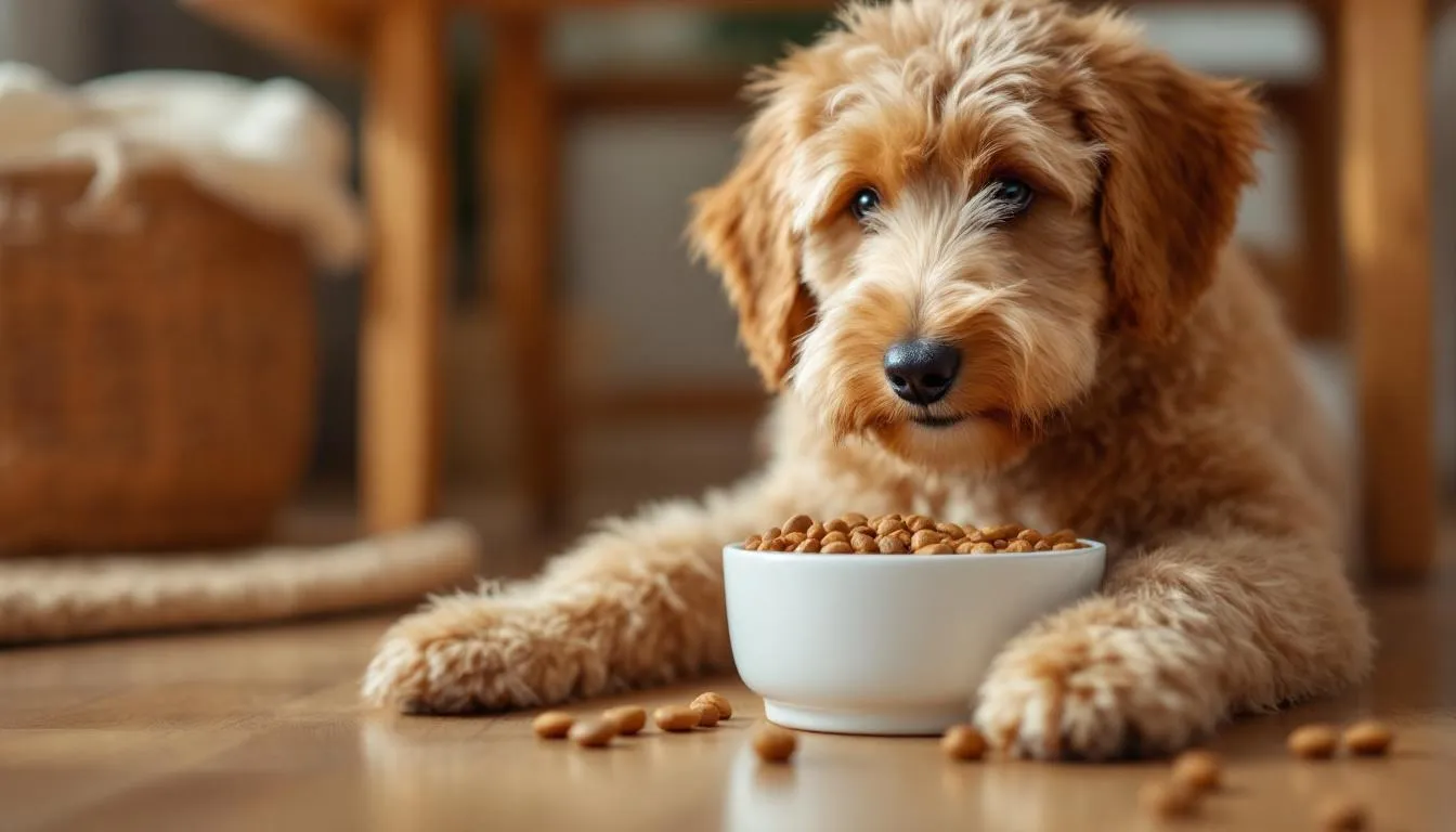 A playful bernedoodle dog with a curly coat is happily eating high-quality dog food from a bowl, showcasing its gentle nature and affectionate personality. This hybrid breed, known for being highly intelligent and easy to train, enjoys mealtime as a part of its daily routine.