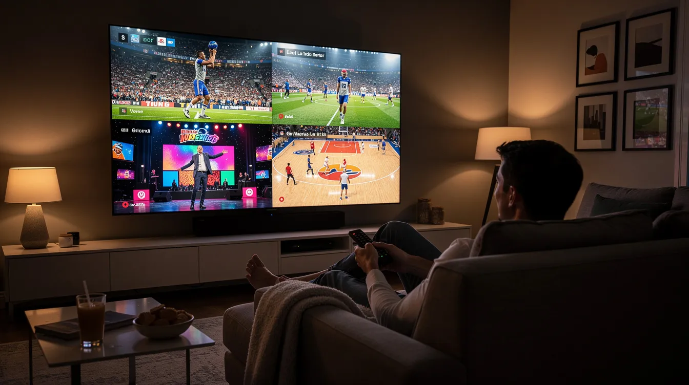 A person is comfortably relaxing on a couch, watching a large smart TV that showcases various live sports and entertainment channels, including options like Sky Sports and Premier League matches. The scene emphasizes the enjoyment of IPTV services, providing access to multiple channels and on-demand content for an immersive viewing experience.