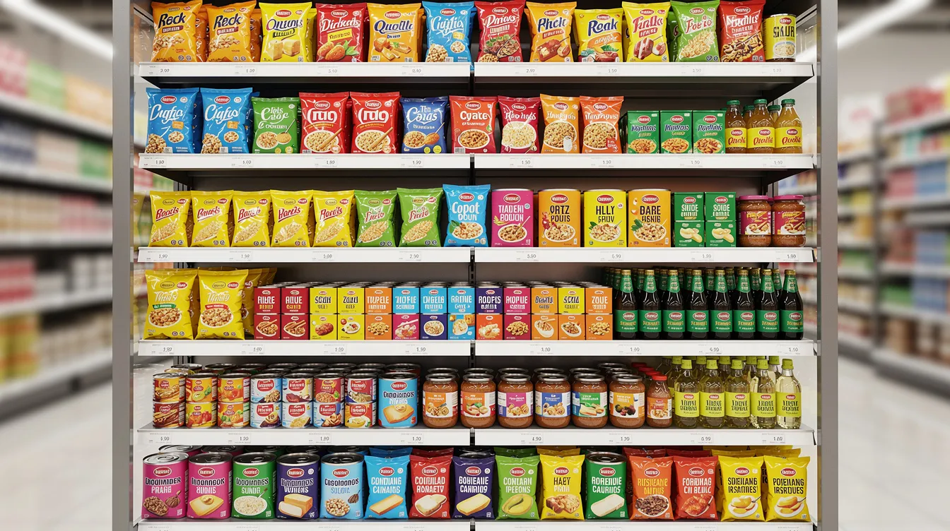09d8c890 b9cd 4c28 804c a16c64cde358 The image depicts a vibrant assortment of packaged food products, including various types of rice flakes, neatly arranged on a modern retail supermarket shelf. This colorful display showcases the potential of poha manufacturing businesses and highlights the importance of effective packaging in attracting customers.