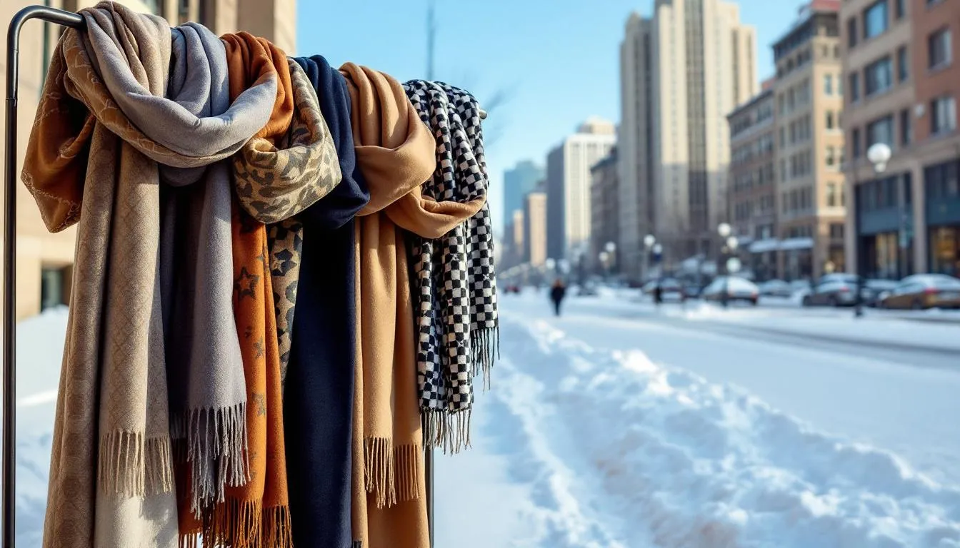 A collection of classic scarves that are stylish winter accessories.