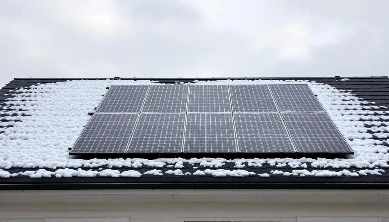 L'image montre des panneaux solaires installés sur le toit d'une maison recouverte de neige en hiver, illustrant l'utilisation de l'énergie solaire dans la région du Bas Saint Laurent. Ce projet met en avant les énergies renouvelables et la transition énergétique, même dans des conditions hivernales.