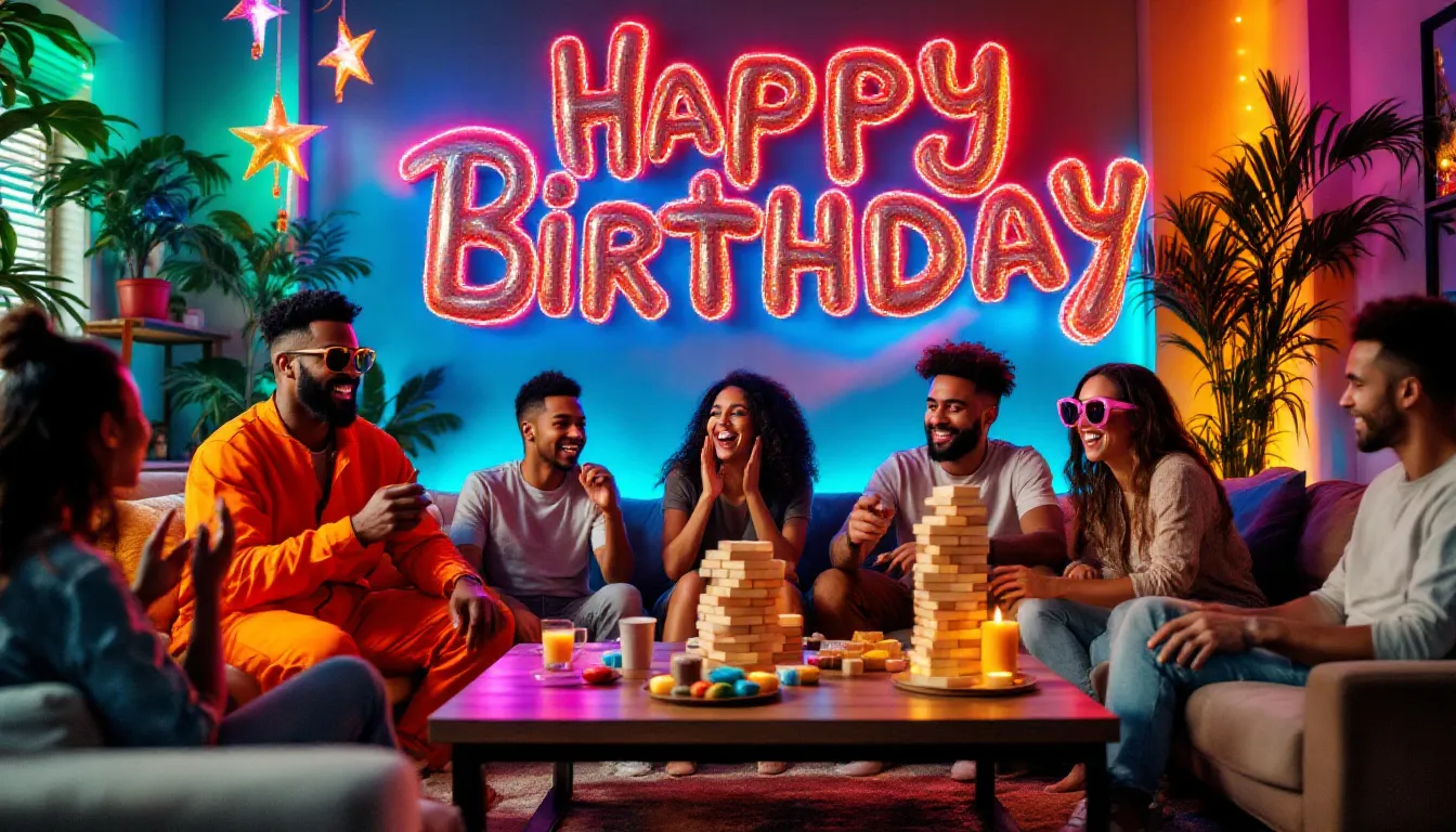 A lively game night scene with friends enjoying interactive activities and themed décor, perfect for birthday celebrations.