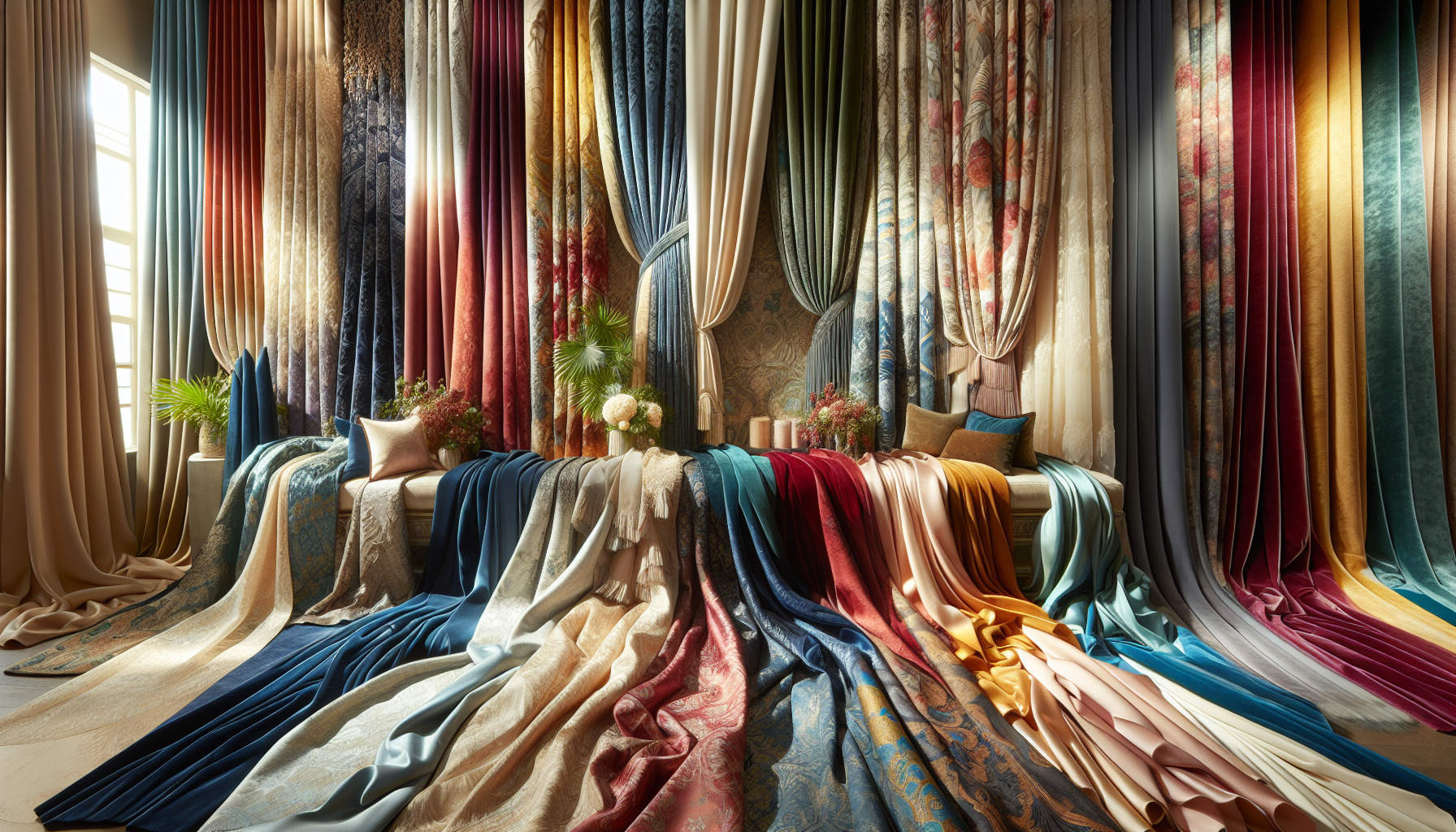 An array of curtain fabrics for choosing the right curtain fabric.