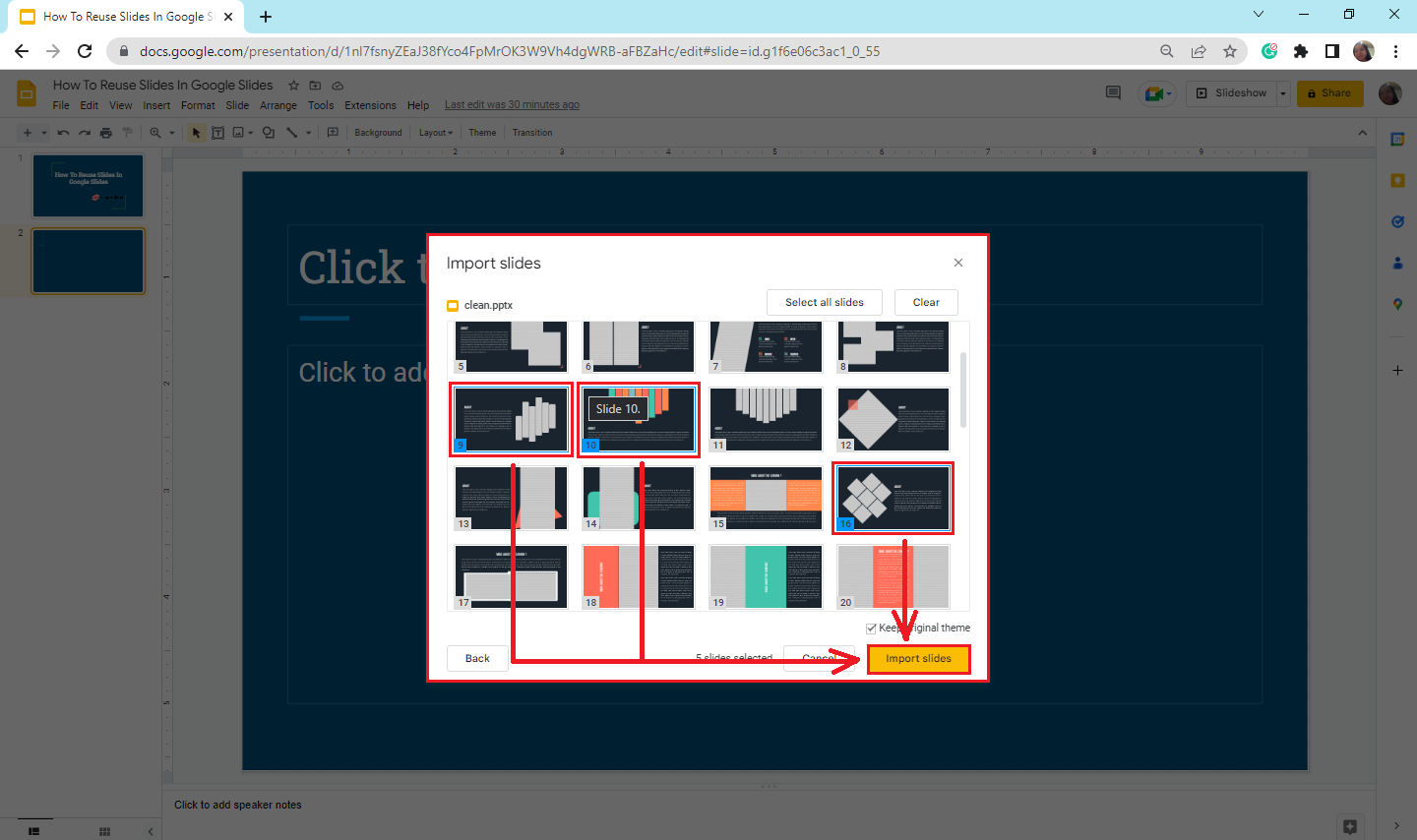 once you select "Insert", select one or more slides and click "Import Slides."