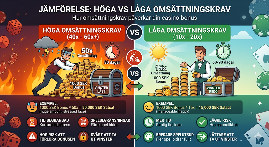 Höga vs låga omsättningskrav – casino bonus, skillnad mellan 50x och 15x omsättning och hur det påverkar uttag