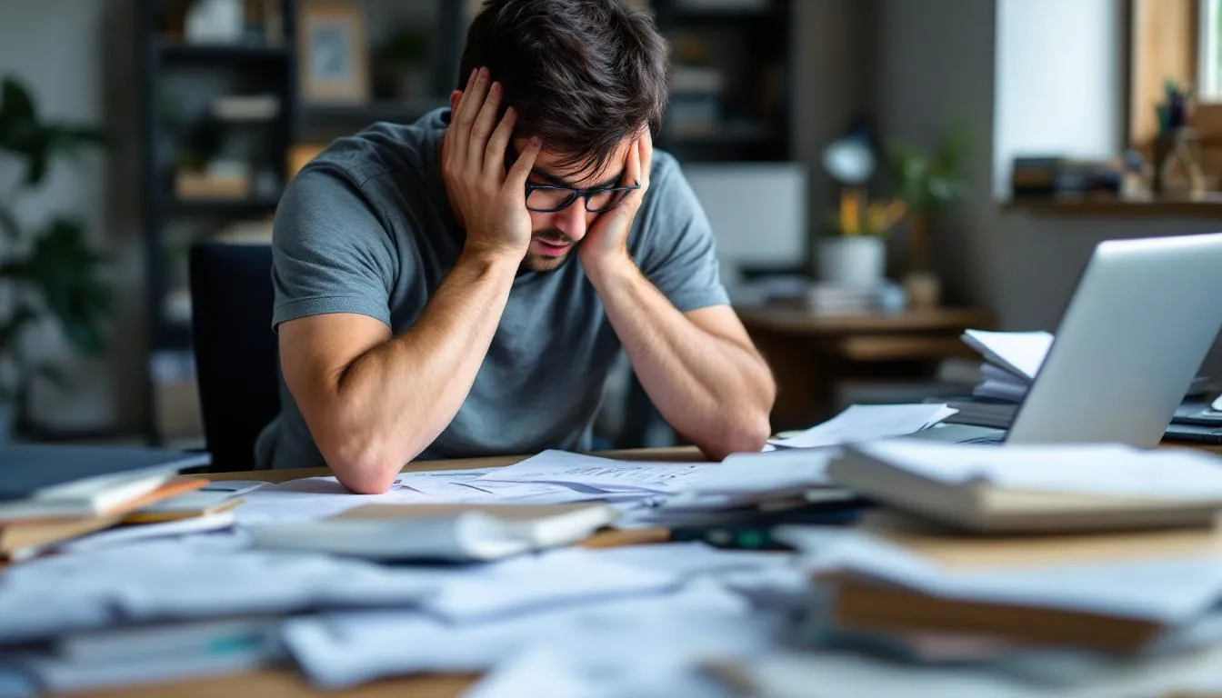 An overwhelmed person sits at a cluttered desk filled with scattered papers, embodying feelings of emotional emptiness and stress. This scene reflects the challenges of adult life and the impact of prolonged stress on mental well-being, highlighting the need for self-care strategies and support from mental health professionals.