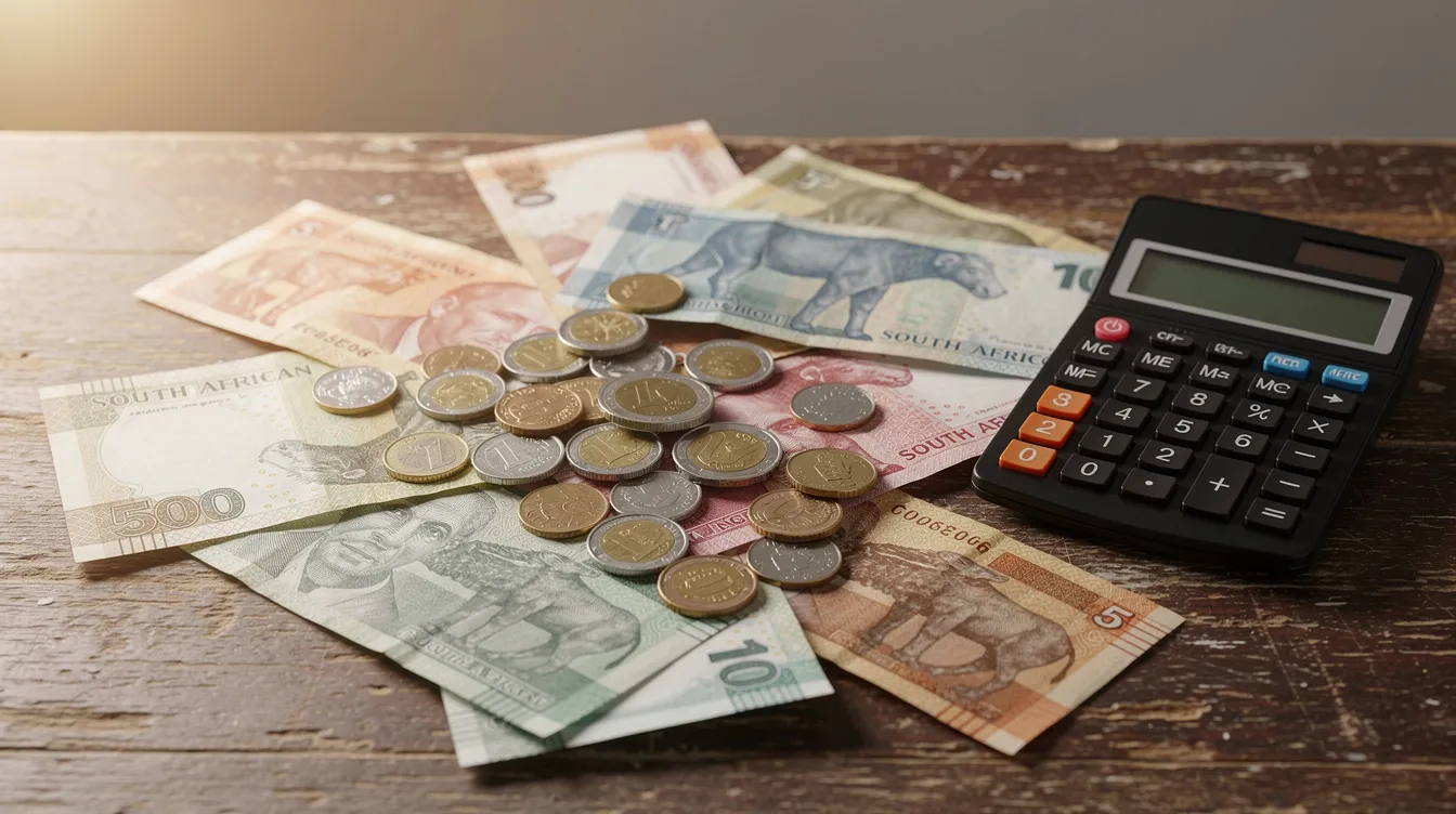The image shows a collection of South African rand banknotes and coins spread across a wooden desk, accompanied by a calculator, illustrating the tangible aspects of managing money in the banking industry. This scene reflects the financial landscape of South Africa, where various banks, including Standard Bank and Discovery Bank, offer services to customers navigating their digital experience and transaction fees.