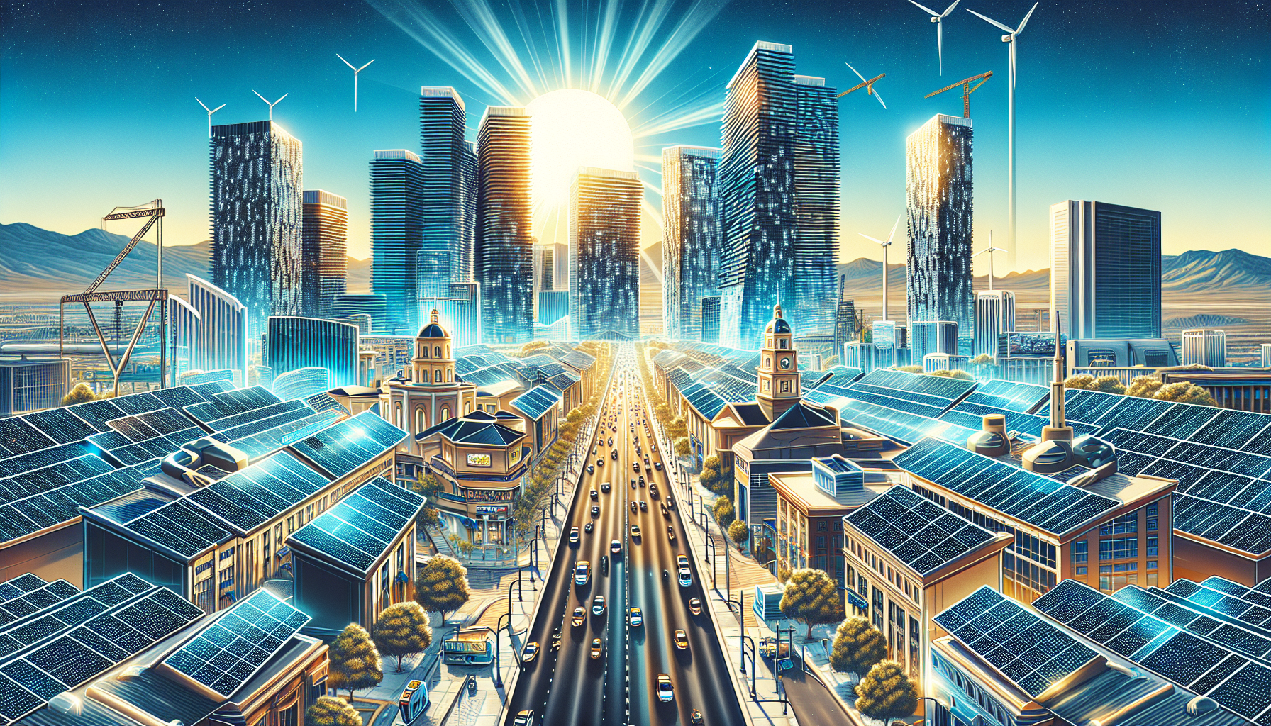 Illustration of bustling city with solar panels on rooftops