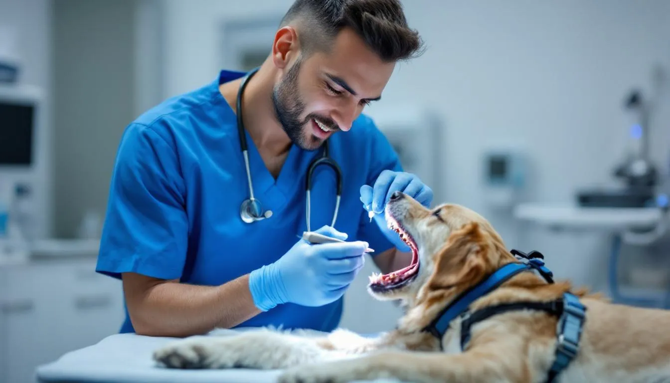 A veterinarian in scrubs is carefully examining a dog