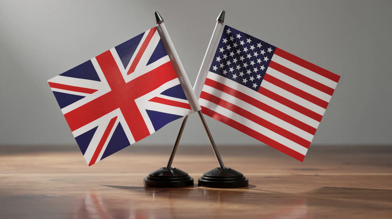 The image features two flags placed side by side on a table: the British Union Jack and the American Stars and Stripes, symbolizing the relationship between British and American English. This visual representation highlights the cultural connection and differences in spelling and terminology used in the financial world, such as "cheque" versus "check."