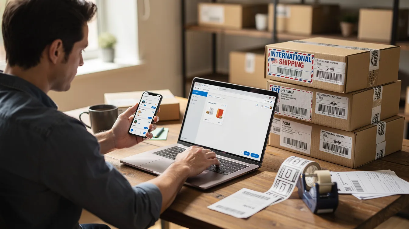 The image shows a small business owner working at a desk, using a smartphone and a laptop, surrounded by international shipping boxes. This scene highlights the essential operations of managing a global workforce, including international payments and compliance support for overseas employees.