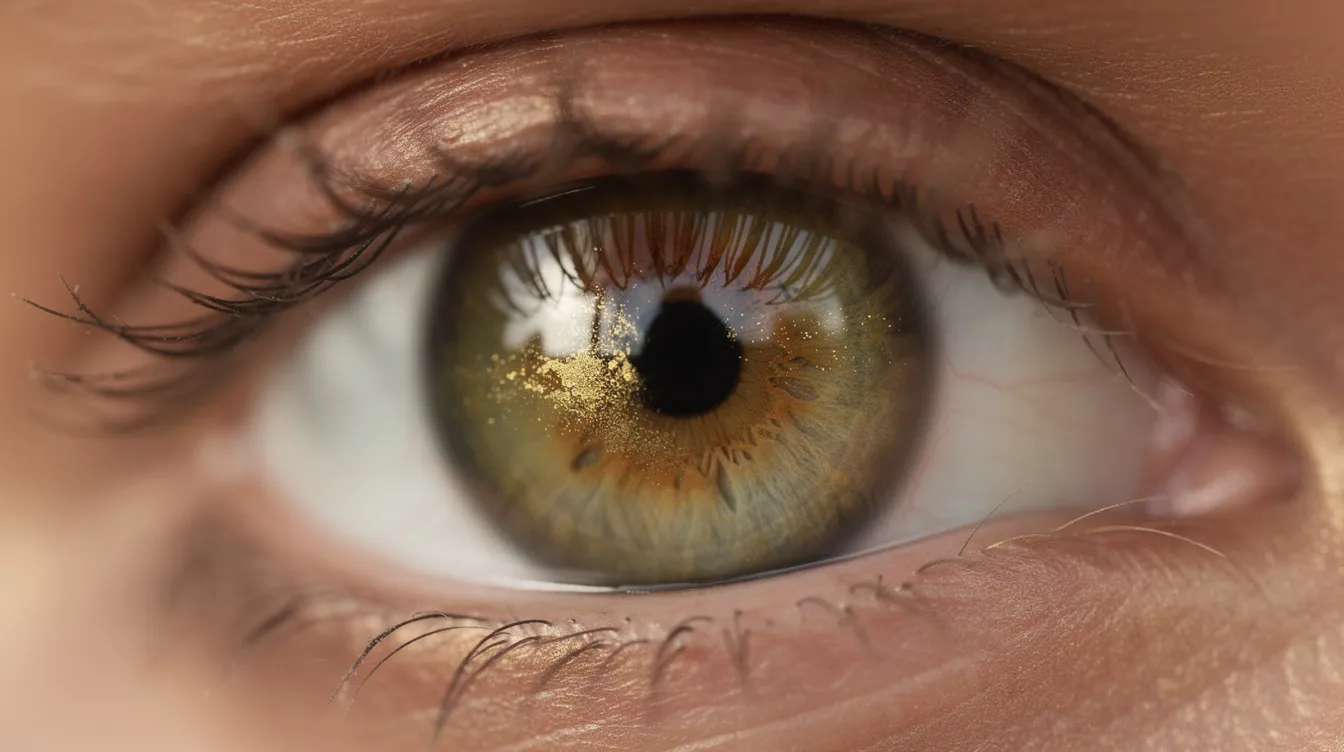 L'image montre un œil noisette captivant, révélant des variations de couleur entre le vert, le brun et des reflets dorés, témoignant de la richesse des teintes de l'iris. Cette couleur des yeux rare évoque un mélange harmonieux de pigments, mettant en avant la beauté et l'unicité de cet œil.