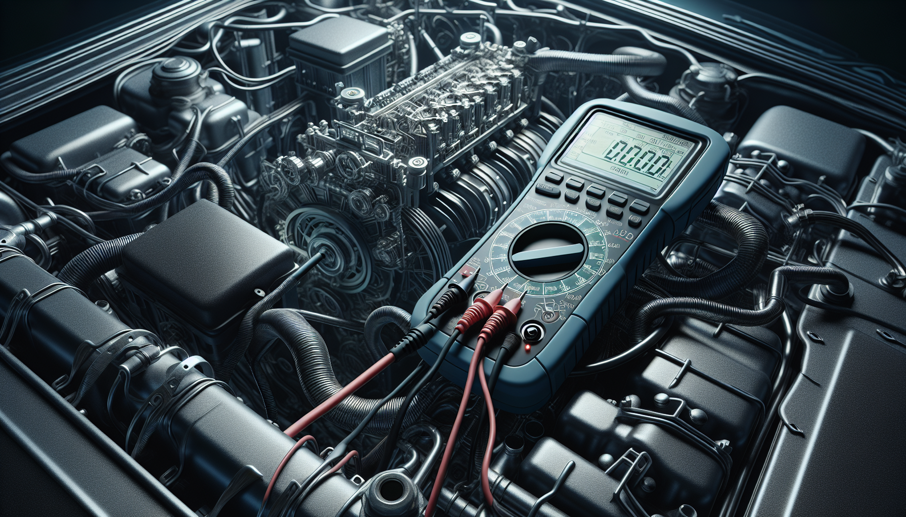 Illustration of a multimeter testing a car's voltage regulator