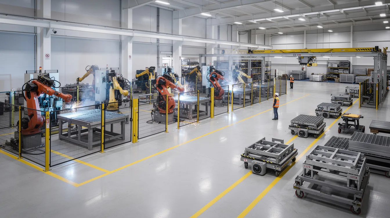 The image depicts a large industrial manufacturing floor featuring advanced robotic welding cells and automated material handling systems, emphasizing the modern sheet metal fabrication processes. This environment showcases precision engineering and efficient production solutions, integral for companies specializing in metal fabrication and OEM sheet metal fabrication services.