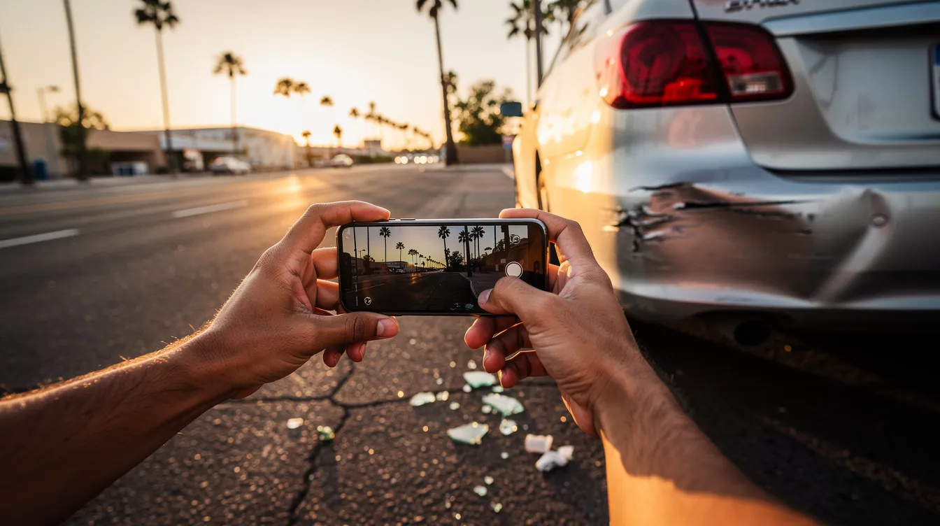 A close-up image captures a person documenting a minor car accident scene in Phoenix during golden hour, with warm sunlight creating long shadows on the asphalt. The focus is on their hands holding a smartphone, taking photos of a lightly damaged sedan, while subtle glass debris is visible on the road amidst a blurred background of palm trees and a wide urban street.