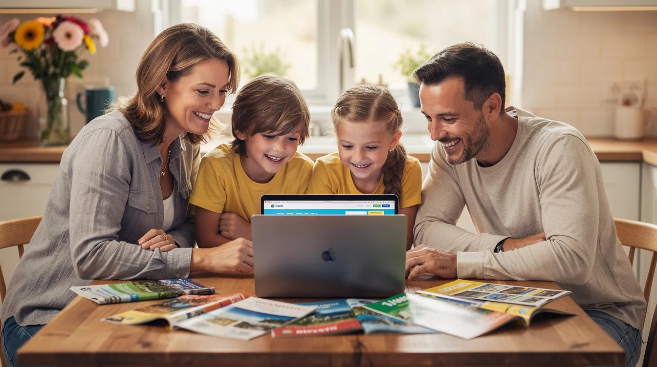 A family is gathered around a kitchen table, exploring travel brochures and looking at a laptop together, discussing their vacation plans. The scene captures a warm and engaging moment, highlighting the excitement of planning a trip, which may involve considering options like "私人 貸款" for financing their travels.