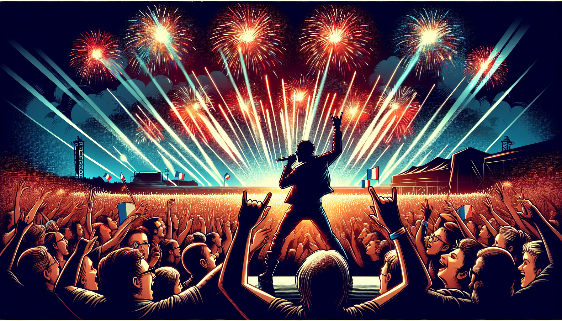 Illustration de concert en France avec une foule enthousiaste en juillet 2024
