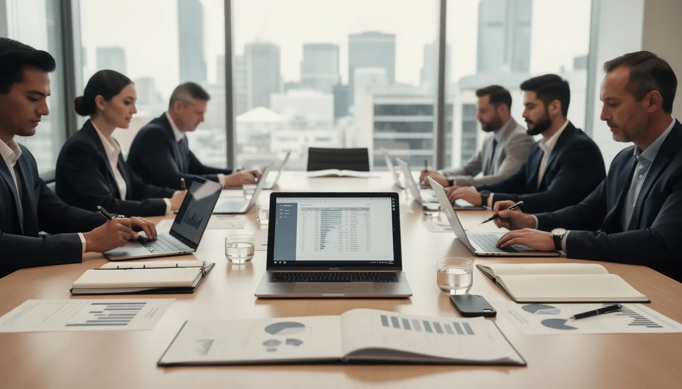 The image depicts a professional business meeting with a group of real estate professionals gathered around a table, reviewing documents and working on laptops. This setting emphasizes collaboration and the sharing of investment strategies, crucial for achieving financial freedom in the real estate market.