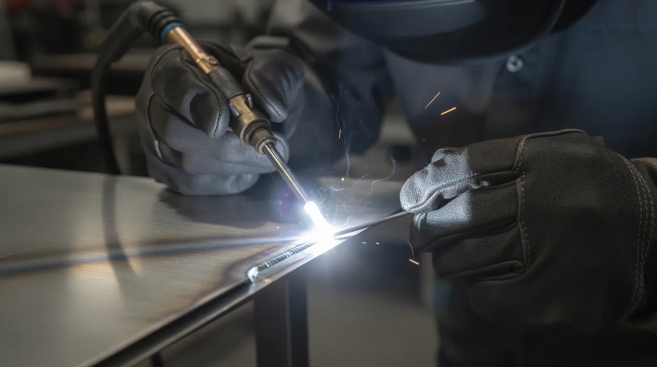 A close-up view of a welder engaged in TIG welding on a thin stainless steel sheet, showcasing a bright welding arc as gloved hands expertly maneuver a torch and filler rod. The image captures the intricate welding process, highlighting the precision required for sheet metal welding.