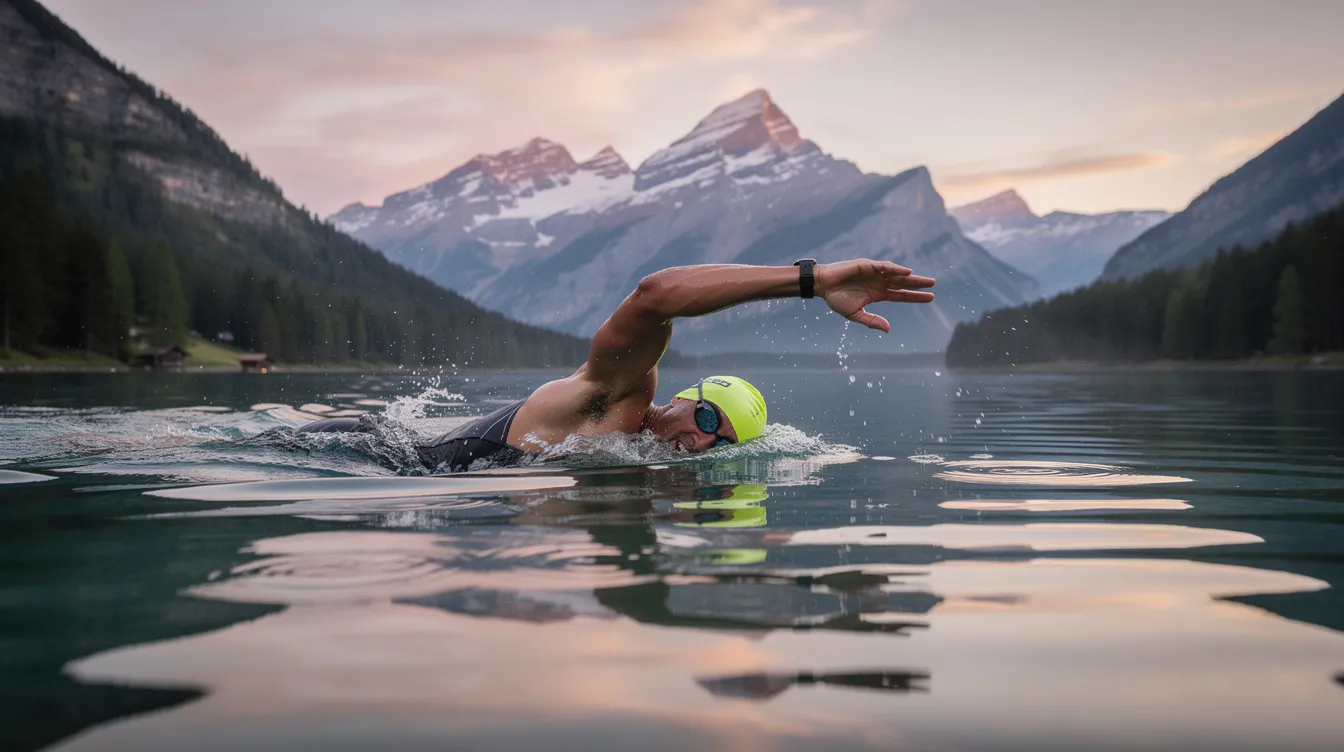 An open water swimmer wearing a swim cap glides through a serene lake, with majestic mountains rising in the background. The scene captures the essence of endurance training in a natural environment, highlighting the swimmer's focus and movement amidst the tranquil surroundings.