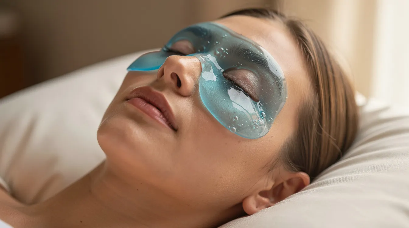 A person is resting with a cooling gel mask over their closed eyes, which may help reduce swelling and bruising after eyelid surgery, such as transconjunctival lower eyelid blepharoplasty. The mask provides a soothing effect, promoting healing and comfort in the recovery process.