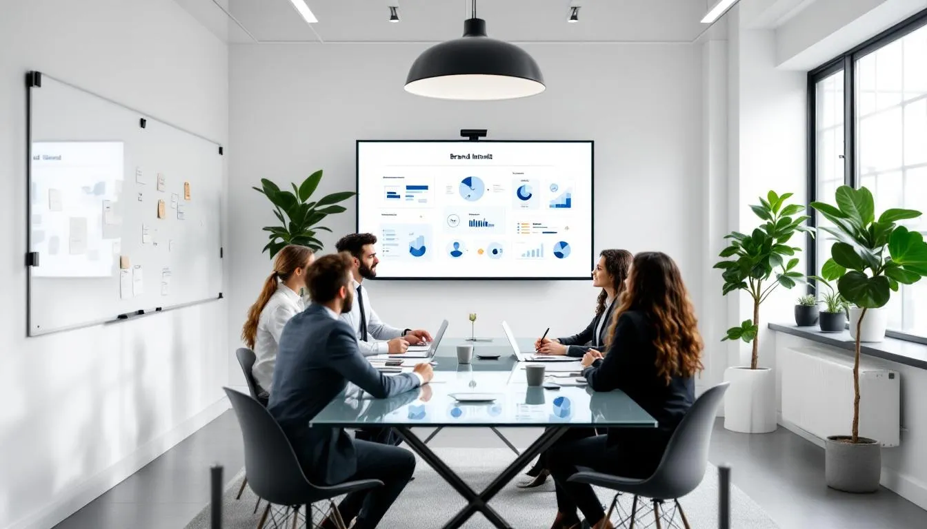 The image depicts a creative agency team brainstorming ideas to build a strong brand identity for ambitious brands. They are engaged in a collaborative environment, showcasing their passion and strategy to deliver impactful messages that connect with people and enhance brand culture.