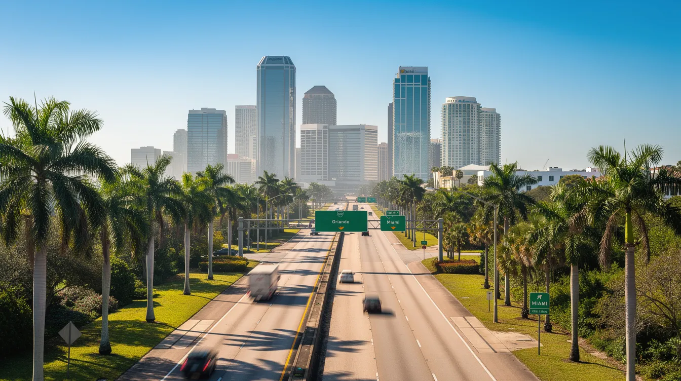 The image depicts a Florida interstate highway lined with palm trees, with a vibrant city skyline in the background. This scene captures the essence of Florida, where personal injury lawyers often assist accident victims in navigating their legal journey towards fair compensation.