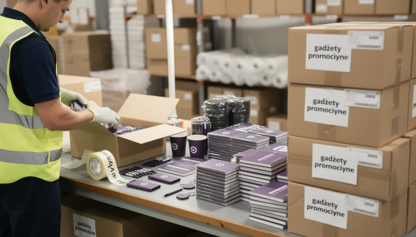 Na zdjęciu widać pracowników pakujących różnorodne modele zapalniczek reklamowych z nadrukiem logo firmy do kartonów przed wysyłką. Gadżety te, będące praktycznymi upominkami, mają na celu zwiększenie rozpoznawalności marki wśród potencjalnych klientów.