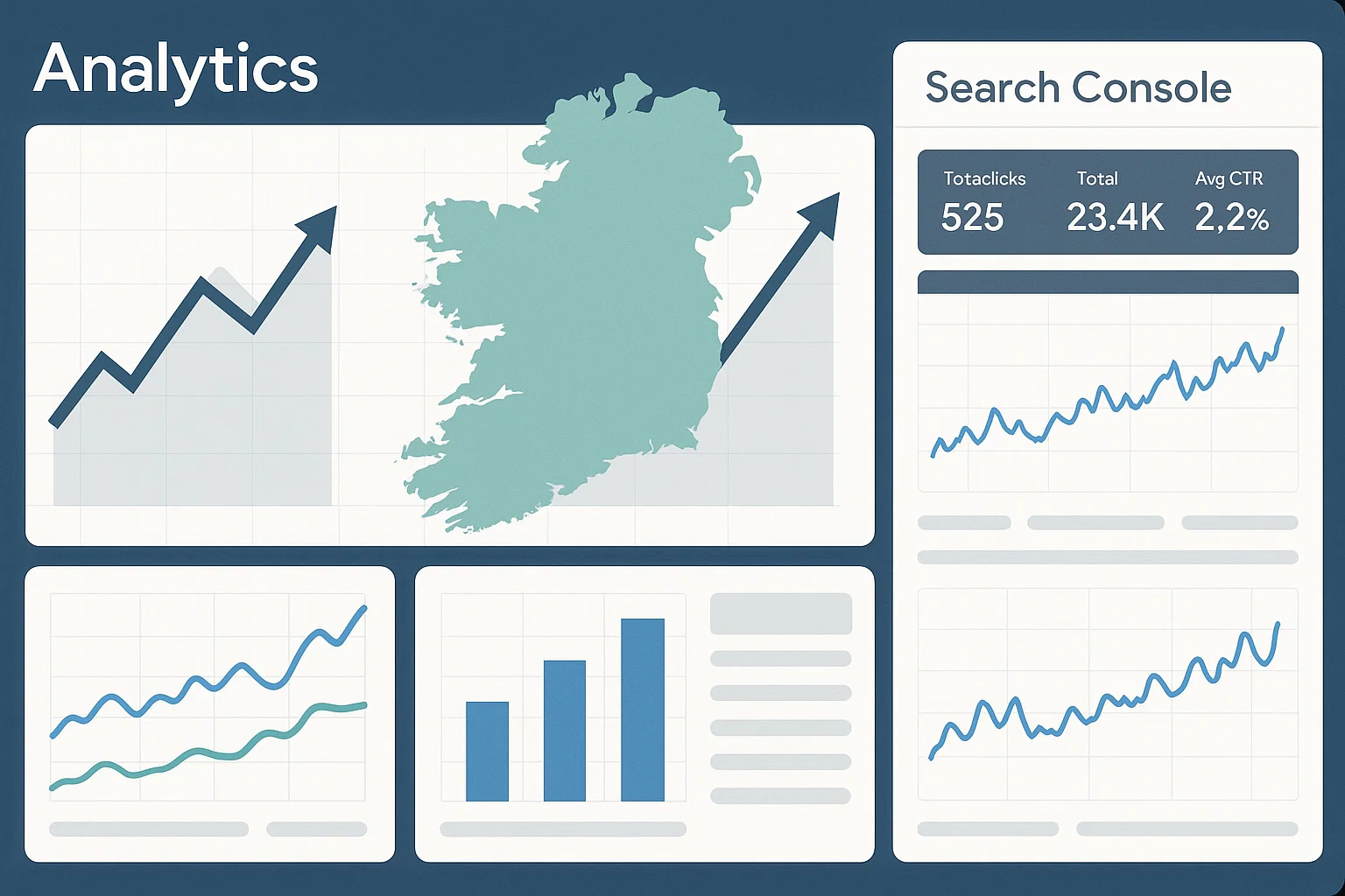 SEO analytics and Google Search Console dashboard tracking local performance in Ireland.