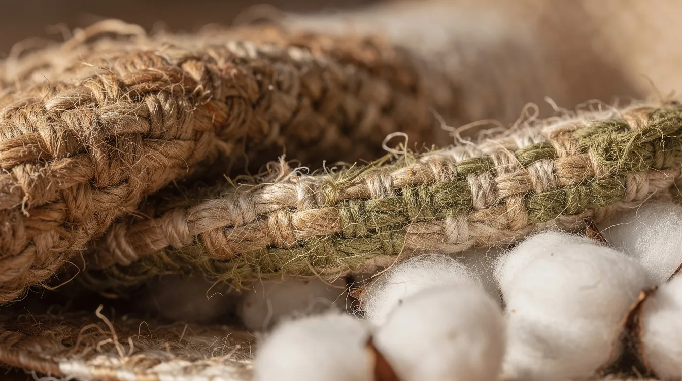 A close-up view of natural hemp and organic cotton textile materials showcases warm earth tones, emphasizing their sustainable and eco-friendly qualities. These plastic-free materials are perfect for creating comfortable and breathable footwear, supporting a more environmentally conscious lifestyle.